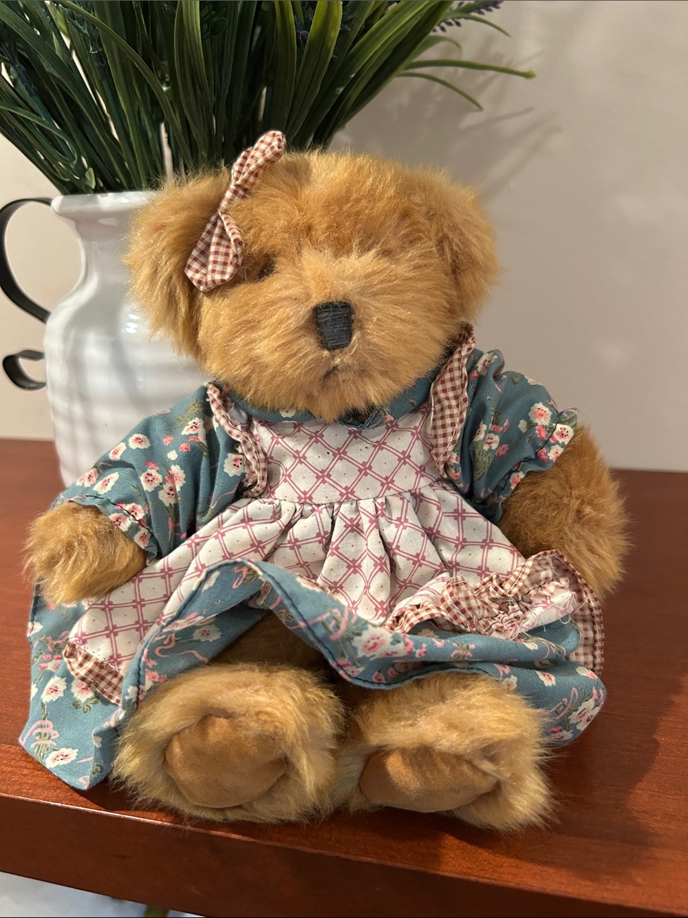 Russ Mulberry Teddy Bear in Blue Floral Dress with burgundy Checked Pinafore